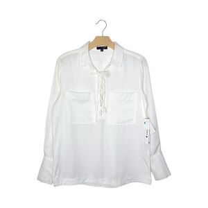 NWT AQUA Bloomingdales White 100% Tencel Lace-Up Long Sleeve Blouse Top